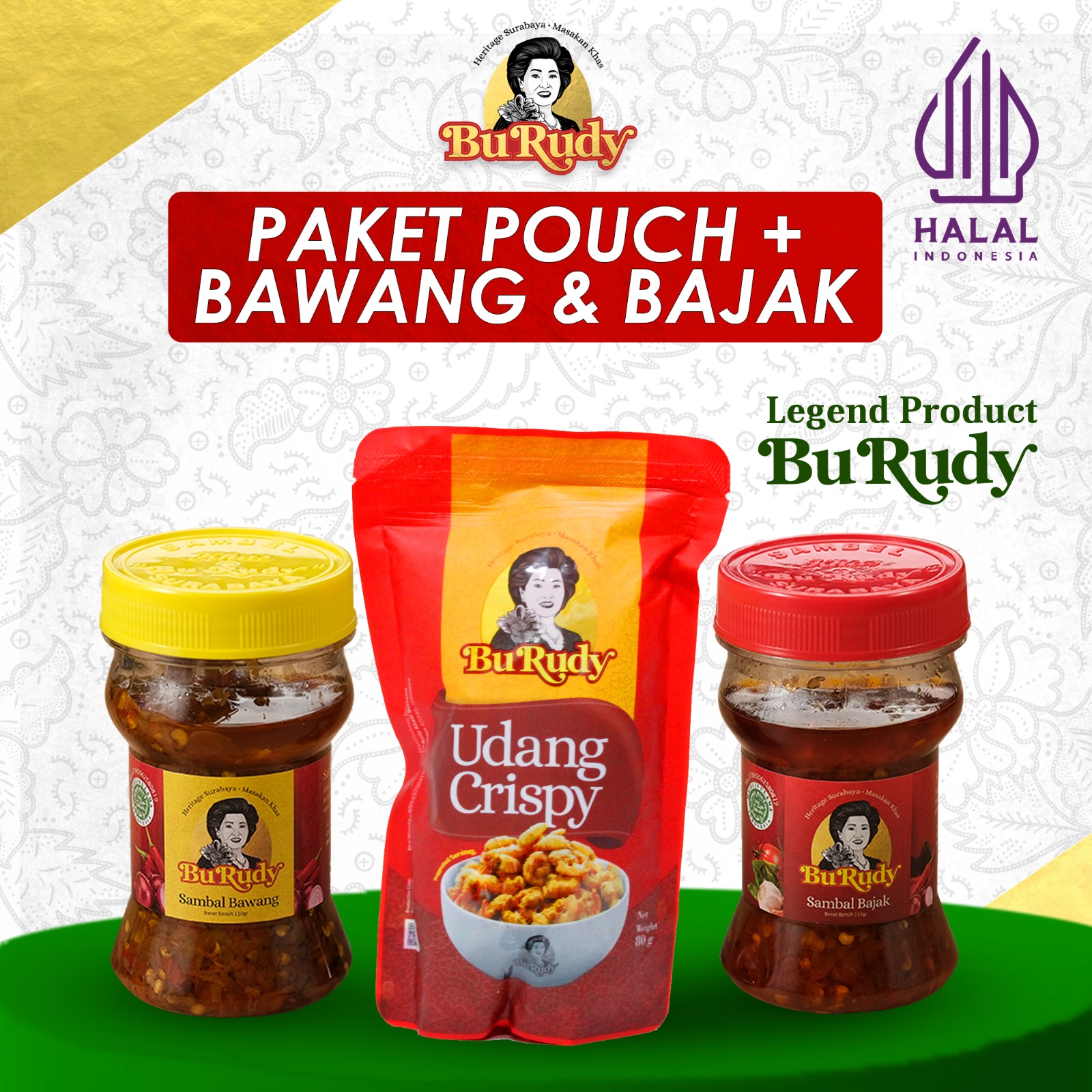 Paket Kecil Udang Pouch Pusat Oleh Oleh BU Rudy dengan tambahan Sambal Bawang dan Bajak atau Ijo